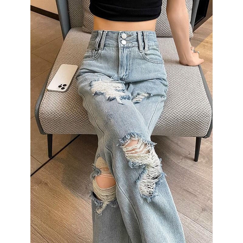 Ripped Jeans for Women, Summer Thin Style, 2026 New High-Waisted Slimming Versatile Straight Loose Wide-Leg Pants