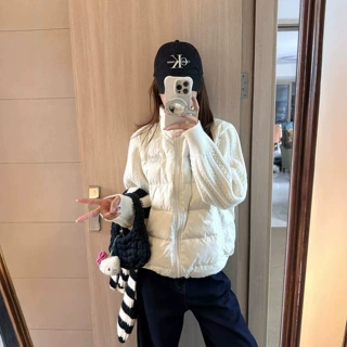 针织拼接字母刺绣撞色立领棉服女冬季新款百搭宽松短款面包服外套