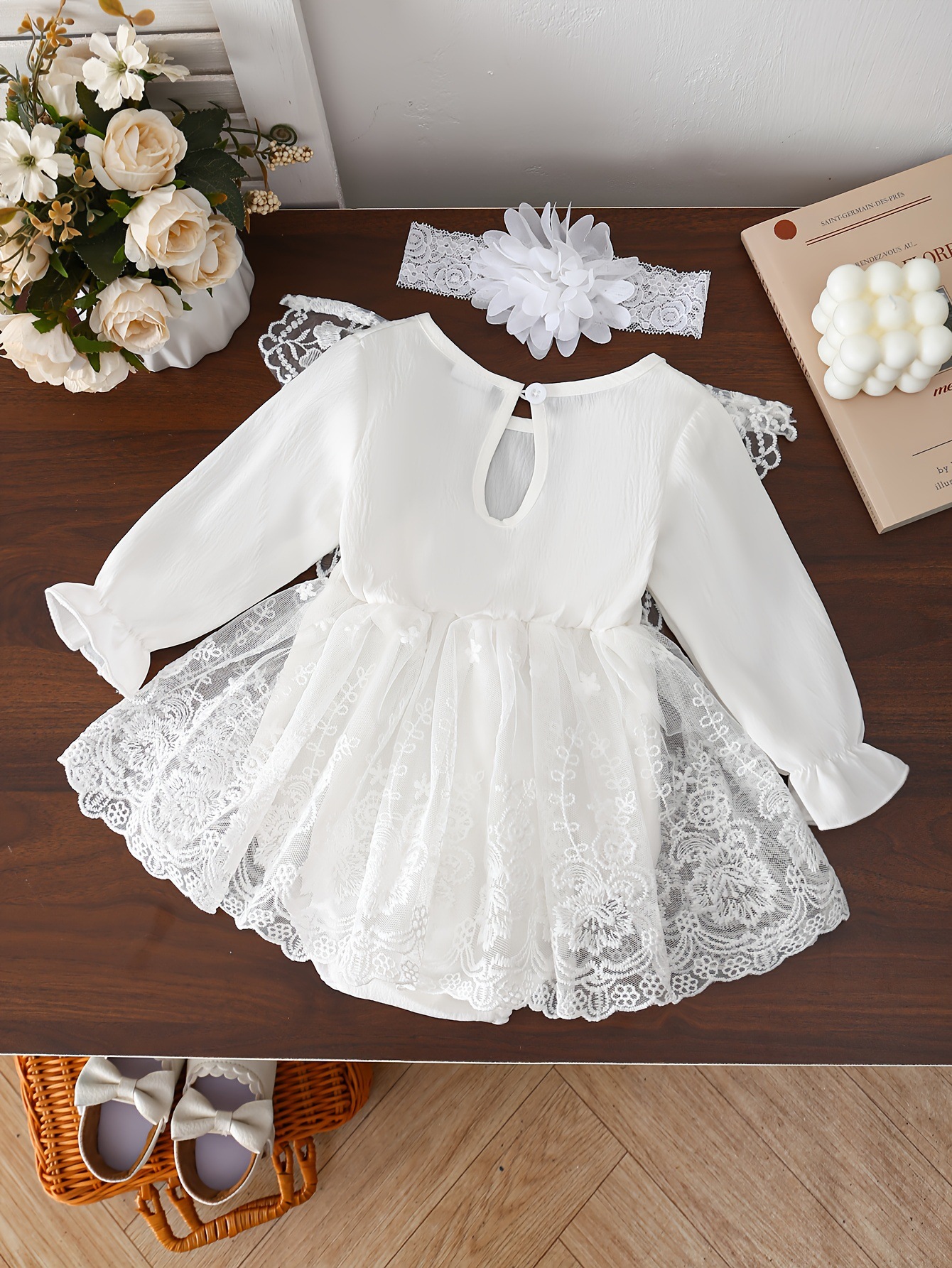 2PC Set Of Baby Girl Floral Embroidery Mesh Lace Bow Long