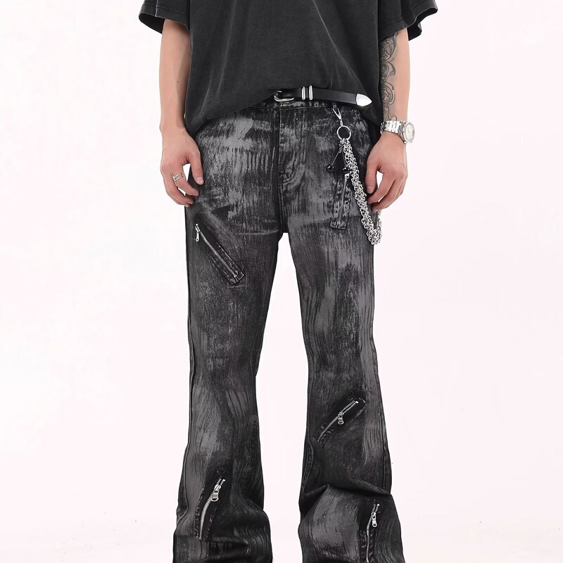 Cross-border American-style High Street Heavy Washed Zipper Retro Jeans Men's Design Sense Micro-painted Tie-dyed Pants Cross-border American-style High Street Heavy Washed Zipper Retro Jeans Men's Design Sense Micro-painted Tie-dyed Pants