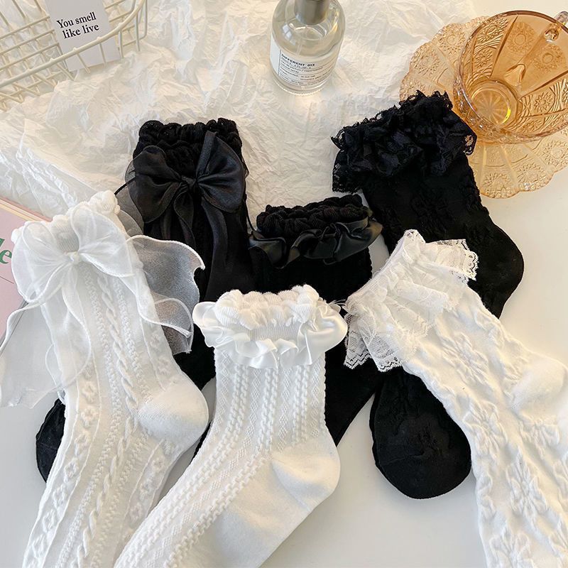 White Lolita-style lace bow cute Japanese-style princess fairy socks trendy mid-calf style on Instagram