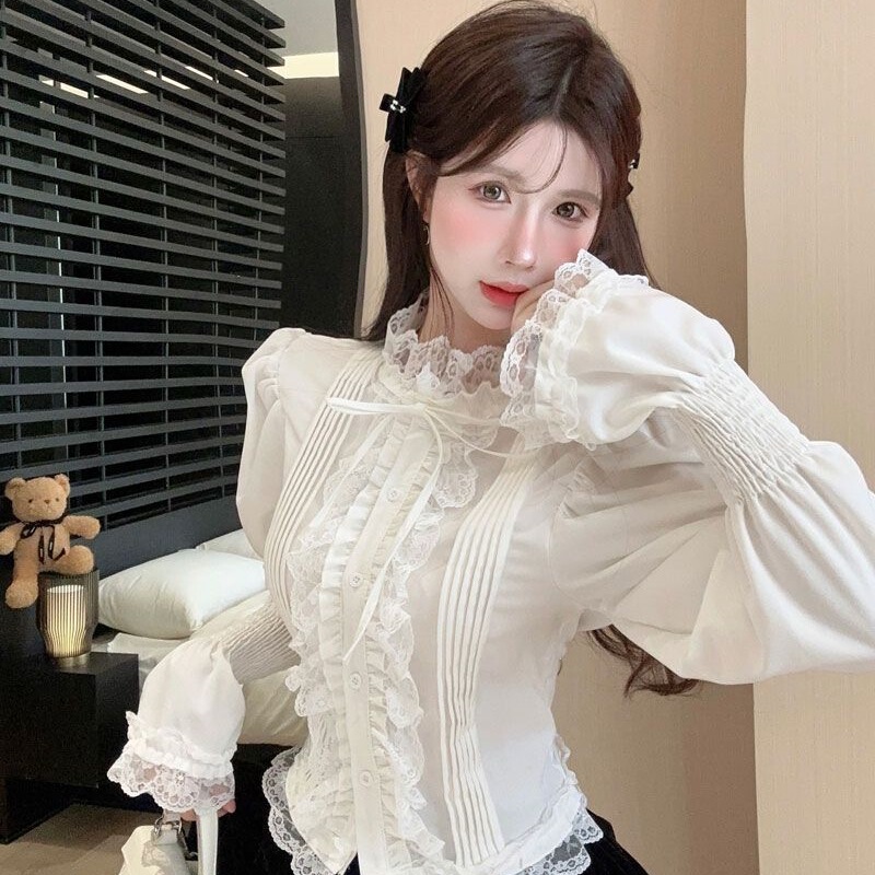 Chanel-Style Flared Puff Sleeve Shirt for Women, Autumn and Winter French Court Style Half-High Collar Top, Lace Base Layer Shirt Chanel-Style Flared Puff Sleeve Shirt for Women, Autumn and Winter French Court Style Half-High Collar Top, Lace Base Layer Shirt