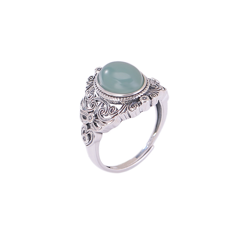 Nhẫn bạc S925 đính đá ngọc lam xanh phong cách cổ điển họa tiết cỏ đường — Bạc 925