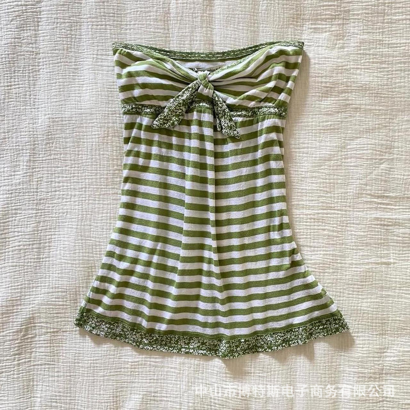 2026 New Summer Foreign Trade Style European and American Style Bowknot Striped Lace Slim-Fit Sleeveless Tube Top 2026 New Summer Foreign Trade Style European and American Style Bowknot Striped Lace Slim-Fit Sleeveless Tube Top