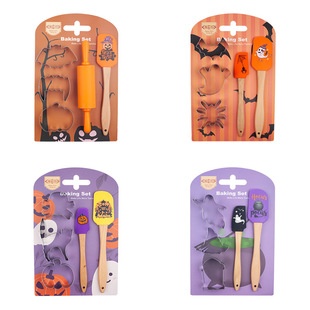 Cross Border Halloween Cookie Mold Pumpkin Bat Skull Baking suit Kitchen Silicone Scraper Beech Handle Kitchenware
