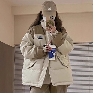 American Retro Contrast Down Jacket 2024 Winter New Loose Student Small Bread Jacket Cotton Jacket Coat Trendy