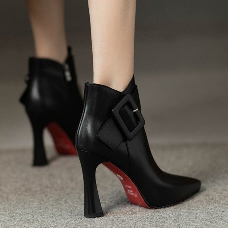 Red Bottom Ready-Made Large Size Stiletto Boots High Heels 2025 Cross-Border New Pointed Toe Waterproof Platform Belt Buckle Short Boots
