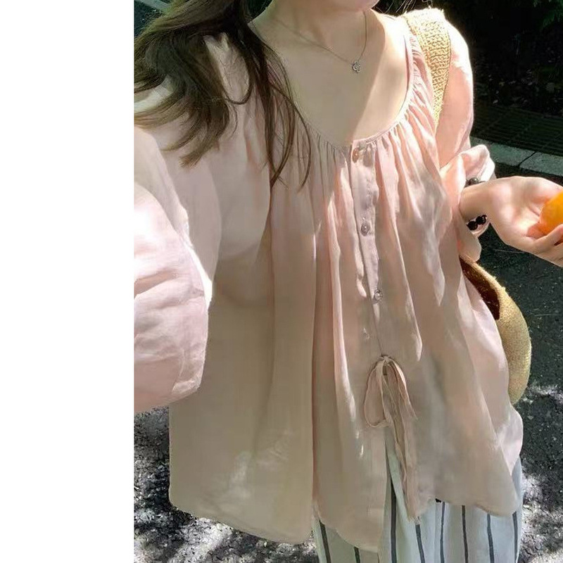 Korean Version of Ramie Lightweight Reversible New Design Lace-Up Lazy Style Loose Shirt 077