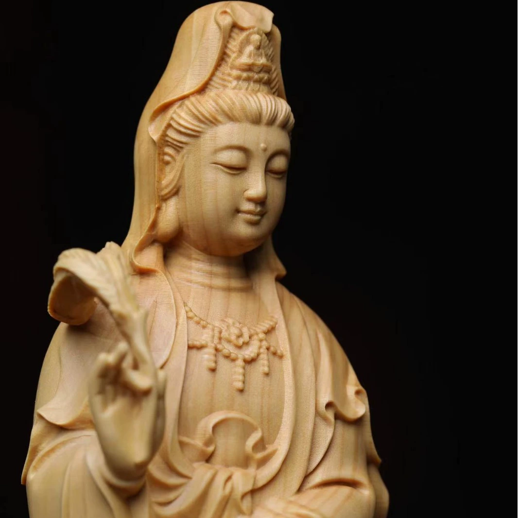 Authentic Chinese Boxwood Yew Wood Carving Dragon Guanyin Figurine, Solid Wood Ornamental Craft
