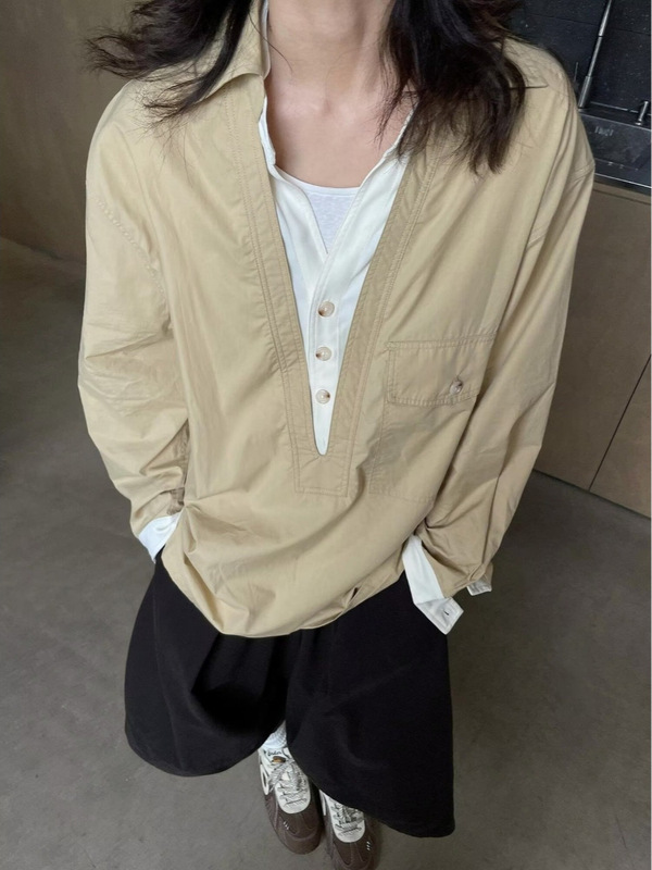 韩式春秋季新款老钱风深V领撞色宽松休闲衬衫假两件中性风男上衣|undefined
