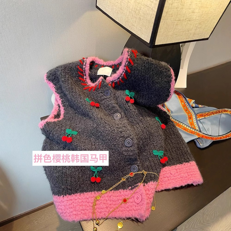 2024 Winter Heavy-Duty Cherry Fashionable Patchwork Color-Blocking Knitted Cardigan Coat for Women Slimming Pink-Gray Korean Sweater