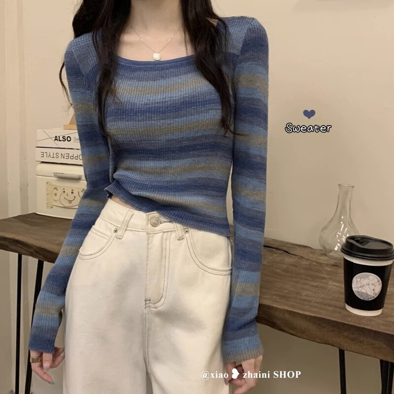撞色条纹长袖针织衫女秋季设计感小众修身显瘦短款独特别致上衣服|undefined