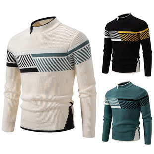 2025 Foreign Trade Amazon New Men's Half-Turtleneck Color-Block Pullover Sweater Knitwear Plus Size Casual Base Shirt