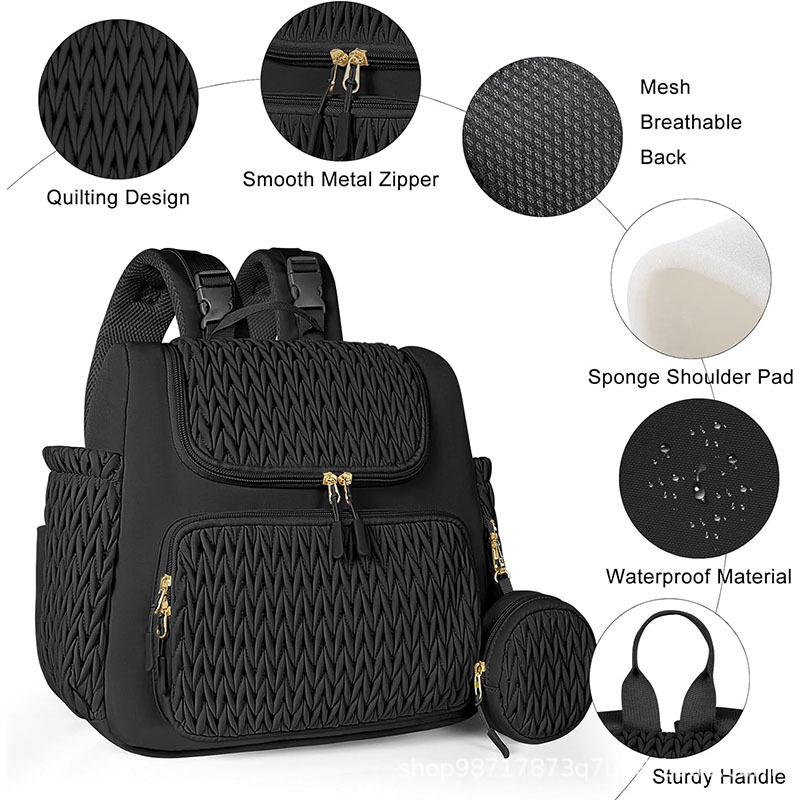 Nueva bolsa de pañales mochila multifuncional bolsa de pañales de quilting con almohadilla de pañales caja de tetas y cinturón de cochecito de bebé