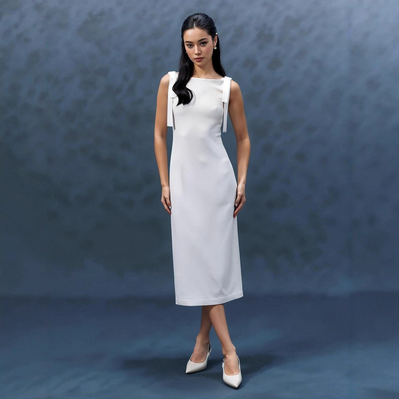 Cross-Border Wholesale White Sheer Simple Bow-Decorated Sleeveless Dress with a High-End Feel and Slimming Effect Evening Gown Cross-Border Wholesale White Sheer Simple Bow-Decorated Sleeveless Dress with a High-End Feel and Slimming Effect Evening Gown