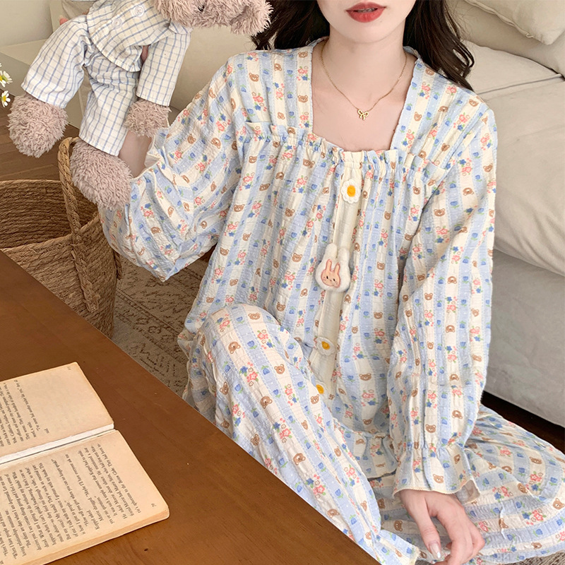 云朵棉睡衣女春秋季带胸垫长袖可爱小熊卡通家居服可外穿跨境批发|undefined