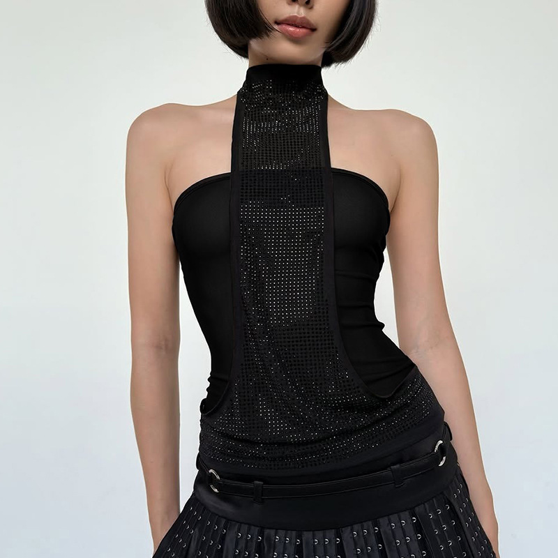 2025 Amazon AliExpress Spring and Summer New European and American Casual Sequins Round Neck Sleeveless Loose Shoulder Belt Vest