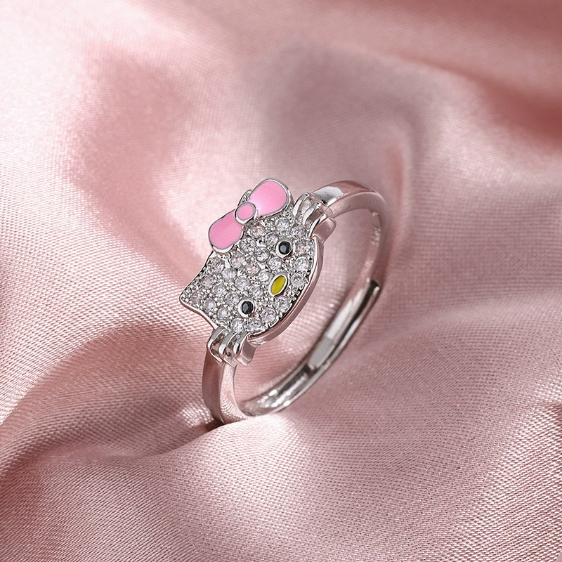 Кольцо-котик Xinyi Kitty Cat Ring - одноразмерное, милое мультяшное кольцо с розовым бантом и блестящими кристаллами