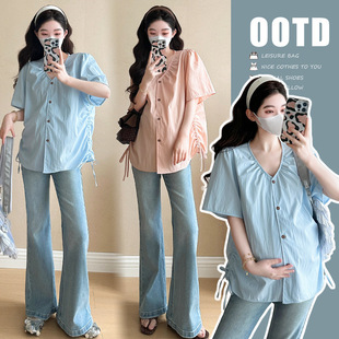 in stock 2025 Summer New Pregnant Women's Shirt Korean Loose Shirt Pregnant Women's Top