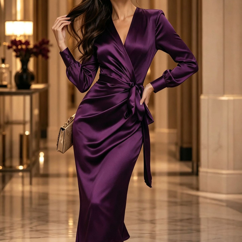 Spring 2026 European and American Amazon cross-border V-neck long-sleeve side-tie bow slim-fit dress