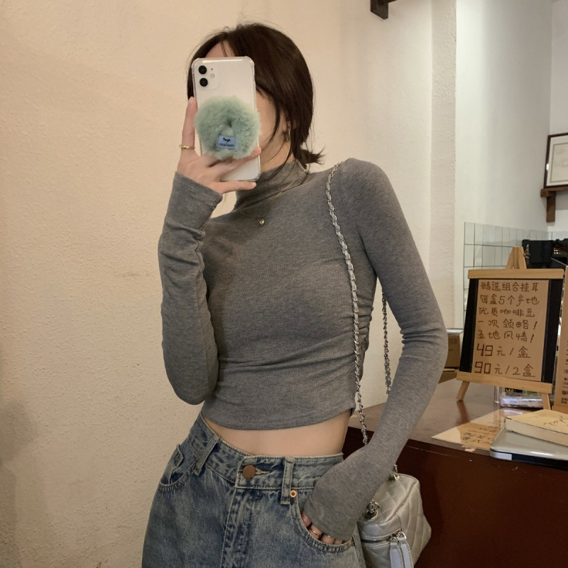 여성용 회색 하프 터틀넥 긴팔 티셔츠 봄 가을 퓨어 디자이어 스타일 이너웨어 슬림 숏 바텀 셔츠 아우터웨어 상의