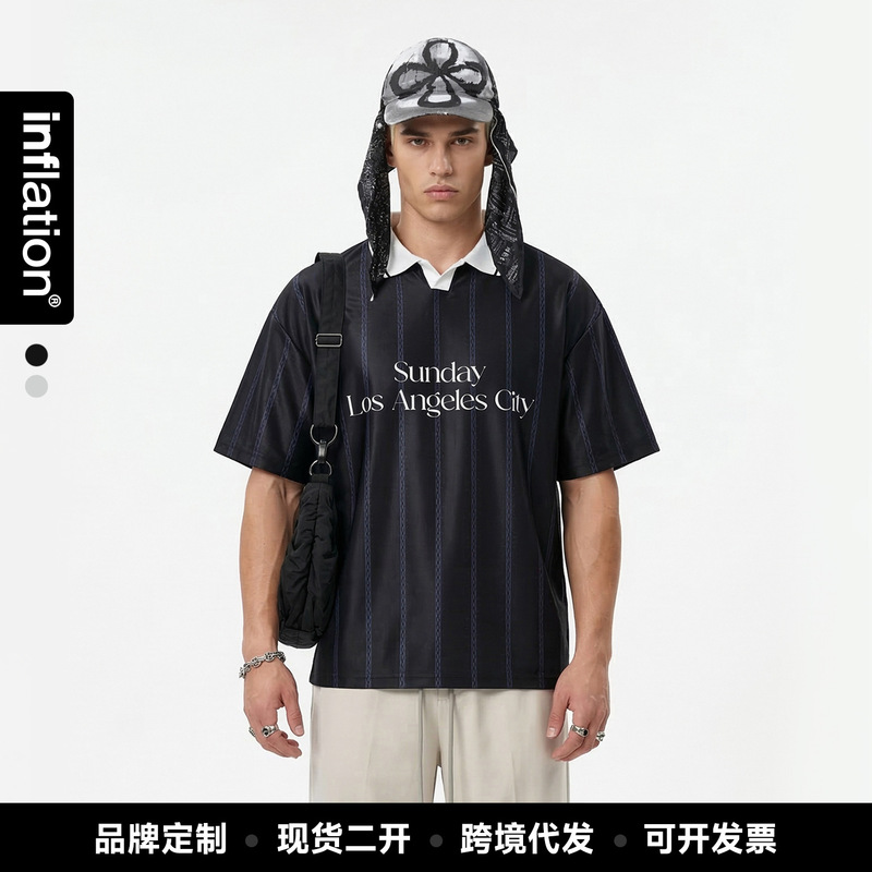 Jie Zhan Men's Clothing | Retro Acetate Striped Lapel Short-Sleeved 2026 Spring and Summer New Product Contrasting Color Polo Shirt Sports Style T-Shirt