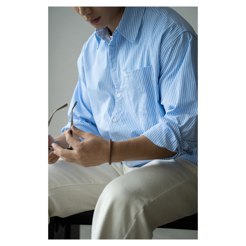 [Clearance Sale] Japanese Style Two-Piece Blue and White Striped Long-Sleeve Shirt for Men, Spring and Autumn Commute Casual Collared Shirt