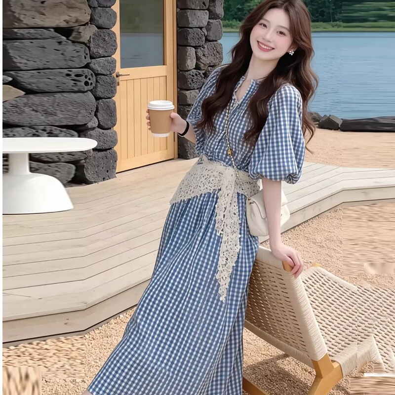 Pure white moonlight sweet style blue plaid dress for women, summer simple college style petite fairy dress