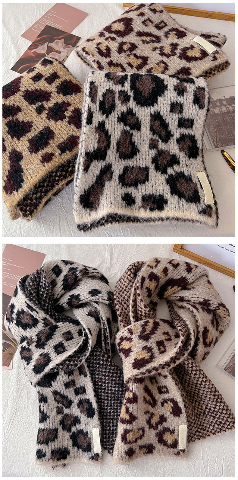 Écharpe tricotée à imprimé léopard classique et tendance pour femme, style millénaire, style Spice Girl, polyvalente, décorative et chaude_voghion.com