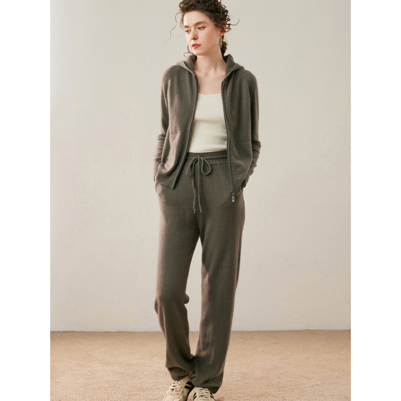 25 New Autumn and Winter Cashmere Casual Suit Women's Hooded Zipper Cardigan Jacket + Straight Pants Knitted Two-Piece Set
