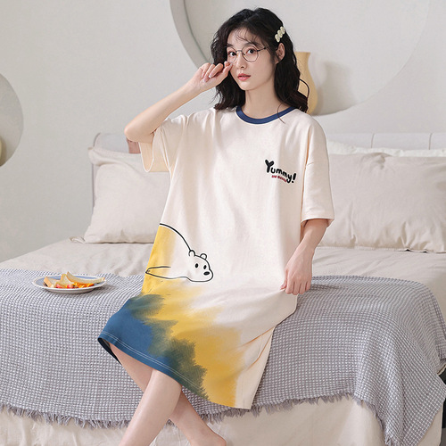 Summer Women's Pajamas Cute Short-Sleeve Pajama Dress Cartoon Plus Size Summer Thin Long Dress Homecoming Wear Can Be Worn Outside