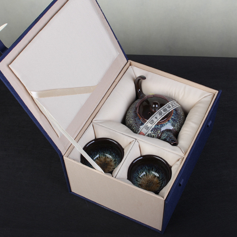 Simple blue fabric brocade box, linen, Jianzhan teacup, purple clay teapot, ceramic tea set gift box packaging, souvenir.
