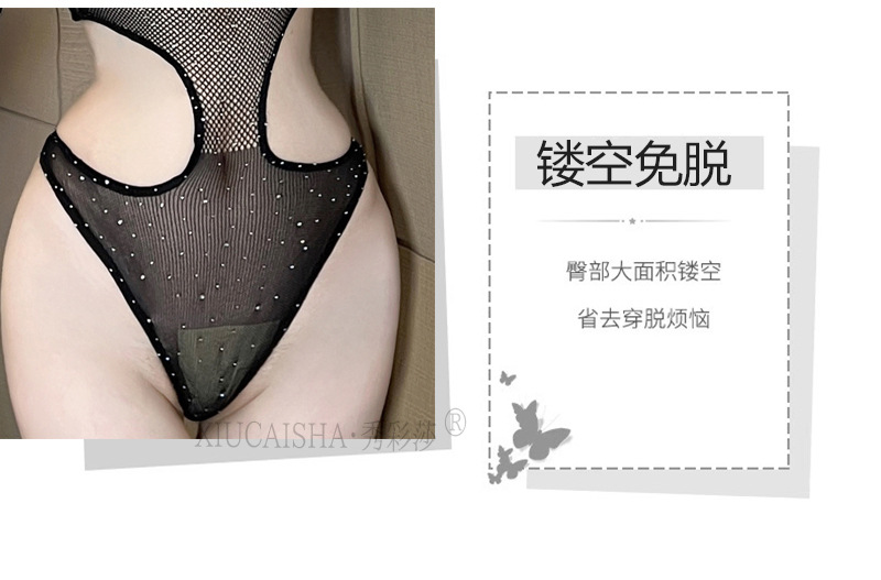 Plus Size Black Lace Long-sleeve Mesh Babydoll Pajama Set with Rhinestone Detail — detail image 8