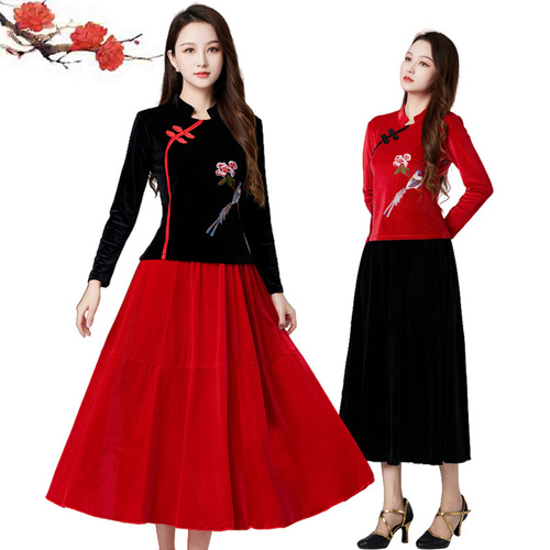 New Spring and Autumn Square Dance Costume Set, Dance Wear for Middle-Aged Adults, Gold Velvet Embroidered Performance Attire