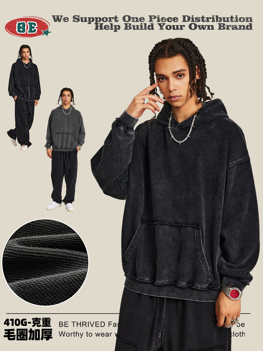 Be Hombres| 2025 otoño calle alta 410G sudadera encapuchada bordes sueltos vibe batítico suelta camisa con sombrera para hombres y mujeres