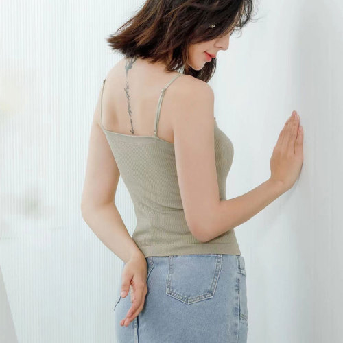 Waffle all-in-one vest with breast pads for women in summer slimming and versatile short style hot girl pure desire thin shoulder straps