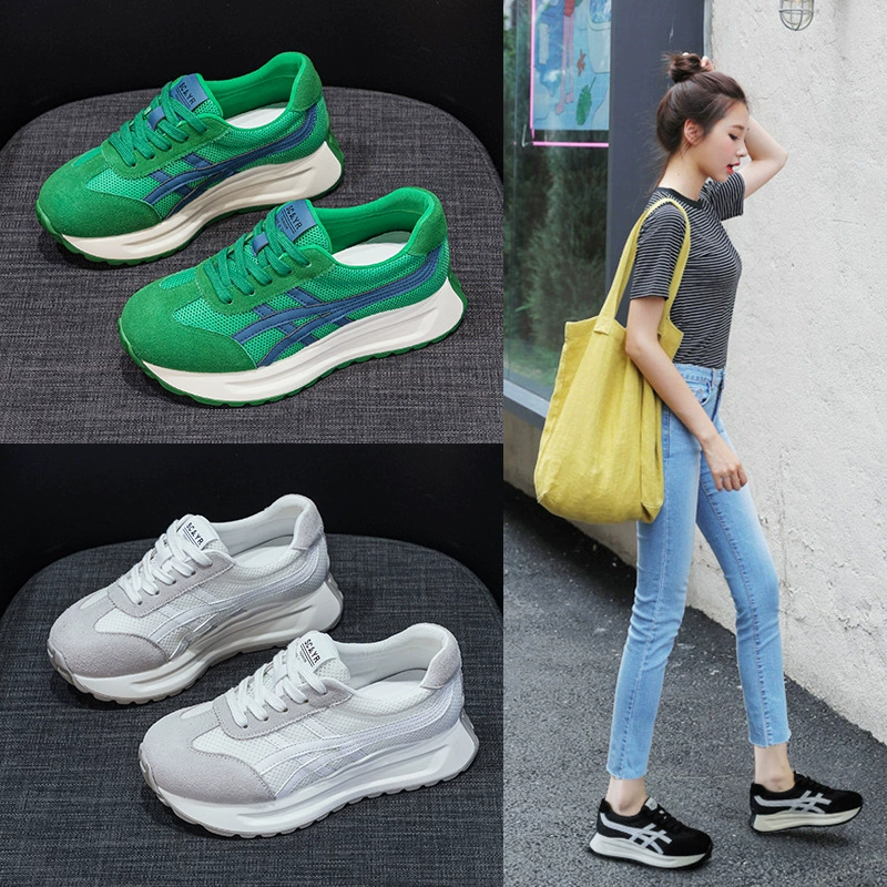 Матовые кожаные кроссовки с сеткой, осень 2025, новая модель с толстой подошвой 5 см, корейская версия, ретро-стиль, повседневная мода, спортивная обувь для женщин, тренд.