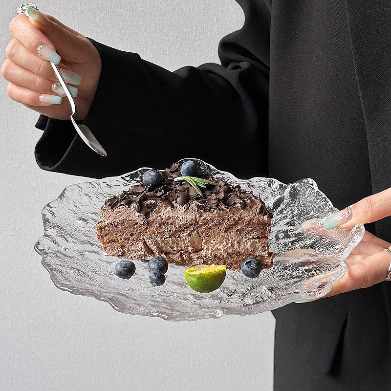 Plato de vidrio irregular glaciar japonés plato de refrigerio casero plato de frutas bandeja de postre circular cubiertos