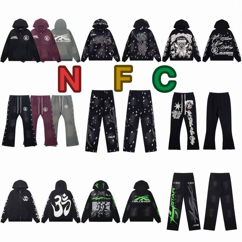 Cross-Border Nfc Hell Star Trendy Brand Washed and Distressed American Retro High Street Loose-Fitting Hooded Sweatshirt Set for Men and Women