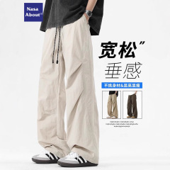 NASA カジュアルパンツ メンズ 春秋夏 新作 ユース向け 日系系ブランド シワ加工 ルーズフィット ストレート ワイドパンツ