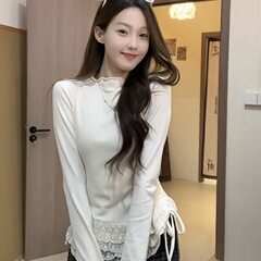 韩系纯欲蕾丝拼接半高领长袖打底衫女秋冬小个子套头修身显瘦上衣