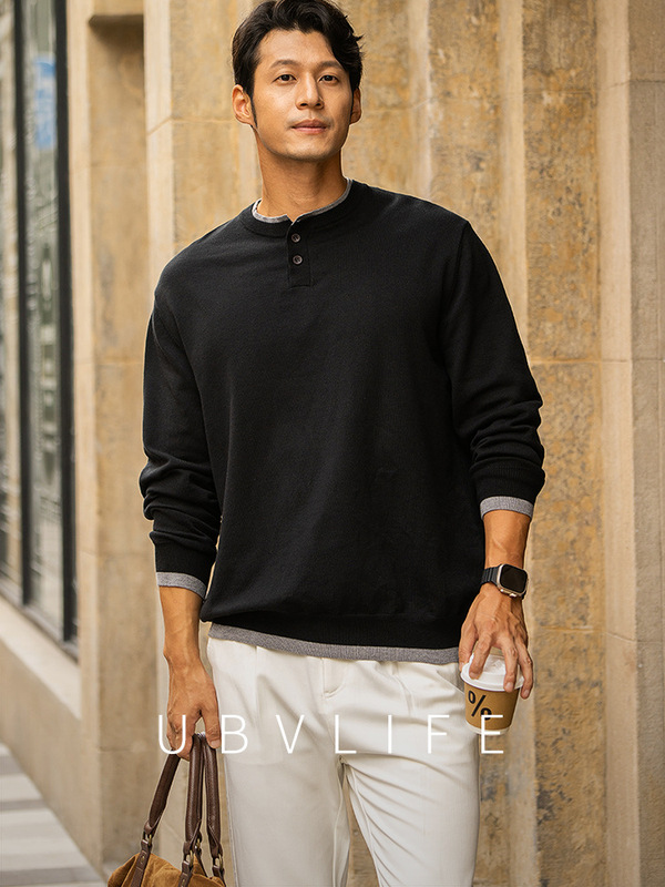 老钱风绵羊毛针织衫男士2025秋冬保暖撞色假两件慵懒休闲长袖T恤|undefined