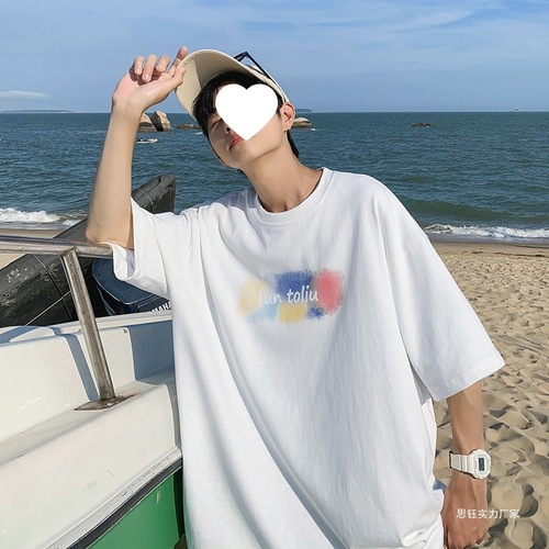 Men's white short-sleeve T-shirt with trendy brand, Instagram summer cartoon print, five-sleeve, Japanese-style loose round neck half-sleeve top.