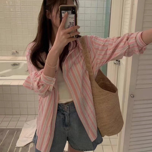 Korean long-sleeved thin striped two-color sunscreen shirt lazy style versatile loose top