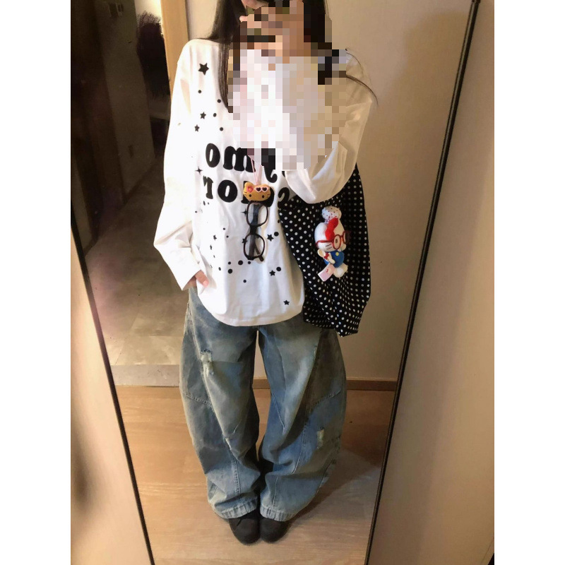 早秋美式复古宽松波点字母长袖白色T恤女秋季设计感小众INS慵新款