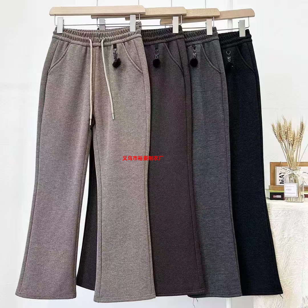 冬季新款羊绒加绒微喇裤女士加厚喇叭裤高腰毛呢裤子女高档休闲裤