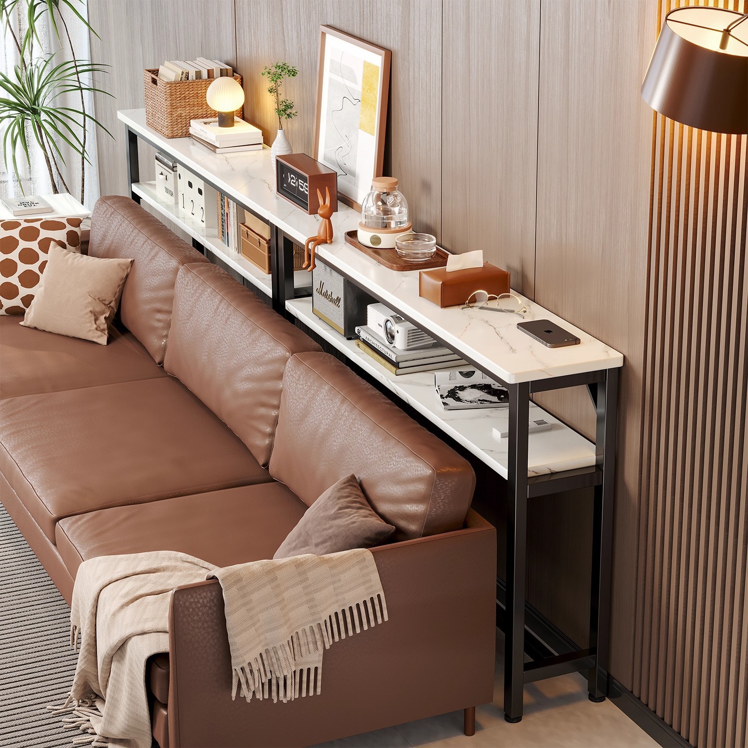 Sofá respaldo estante trasero super delgado cabecera de la cama gabinete de cama muy estrecha hendidura larga mesa contra la pared de almacenamiento multicapa