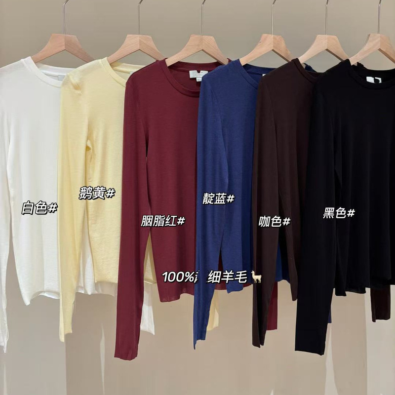CO Women's Slim Fit Merino Wool Base Shirt, Korean Style Solid Color Round Neck Base Shirt, High Elasticity Long Sleeve T-Shirt CO Women's Slim Fit Merino Wool Base Shirt, Korean Style Solid Color Round Neck Base Shirt, High Elasticity Long Sleeve T-Shirt