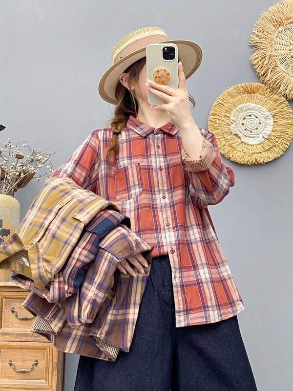 Spring and summer thin vintage plaid long-sleeve shirt for women, loose and slimming, pure cotton top with square collar, casual and fashionable women's shirt Spring and summer thin vintage plaid long-sleeve shirt for women, loose and slimming, pure cotton top with square collar, casual and fashionable women's shirt