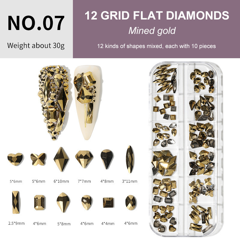 Joyería de uñas 12 rejilla mixta K9 plana en forma especial Temperatura de diamante Elf color mágico especial en forma de diamantes de imitación joyería de uñas al por mayor